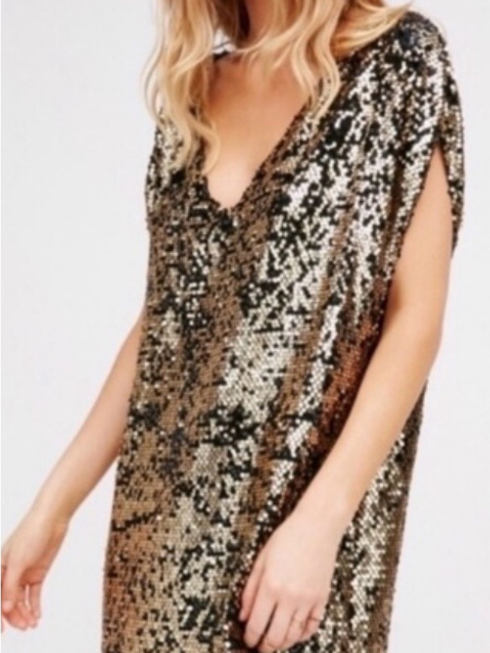 Free People Pop Goes the Party Sequin V-Neck Shift Dress in Gold and Black